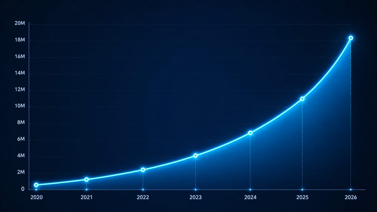 黄片网站用户增长数据图表,展示2020-2026年注册用户从50万增长至1800万的趋势